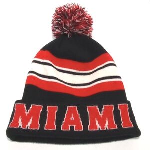 Miami Cotton Winter Red/Black/White Adult Knit Beanie Pom Pom Hat